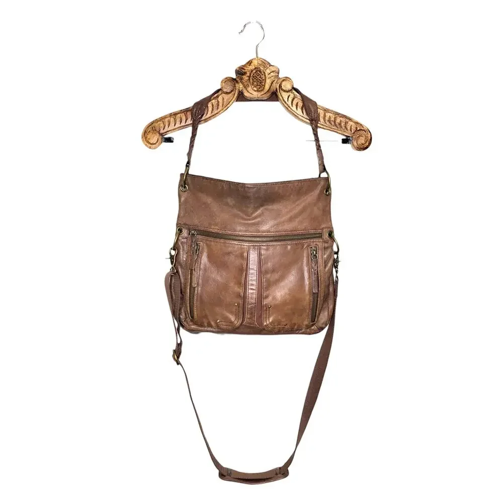 The Sak Purse Leather Satchel Brown Patina Shoulder Crossbody Strap Zip Pockets